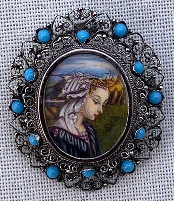 Vintage 800 Silver Filigree Hand Painted Portrait Pendant Brooch. 800 hallmark, delicate 