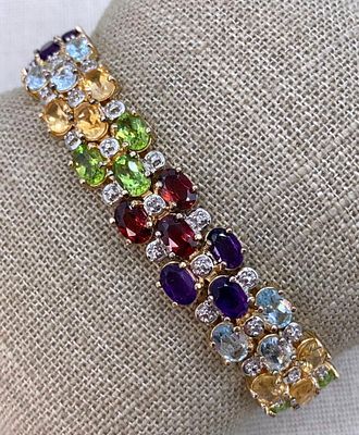 Luxe 25.5 CTW 51 Faceted Gemstone & Diamond Gold Vermeil over Sterling Silver Tennis Bracelet. 51 