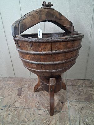 Very Early Rounded Bottom Well Bucket. Hand forged metal details with floral bucket base, bands 