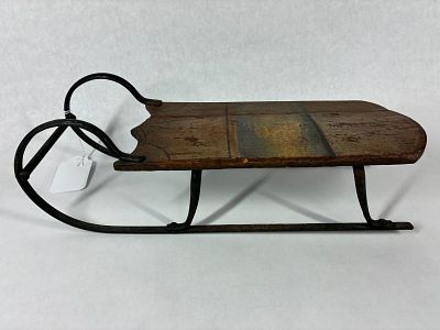 Hand Painted Runner Sled. Wrought iron runners with wooden seat, swan painted details/ old early 