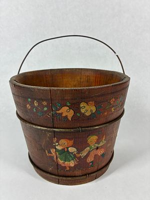 Old Swiss Decorated Wooden Bucket. Nice colorful details with metal banding and handle. 9in tall x7