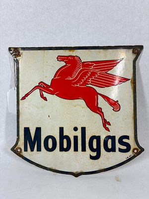 Mobilgas Pegasus Porcelain Sign. Minor chipping and discoloring around mounting holes. Single 