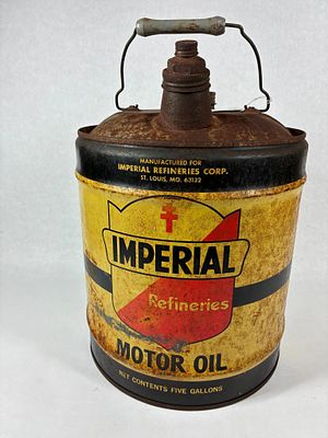 Imperial Refineries Motor Oil 5 Gallon Can. Spotting and surface rusting throughout.