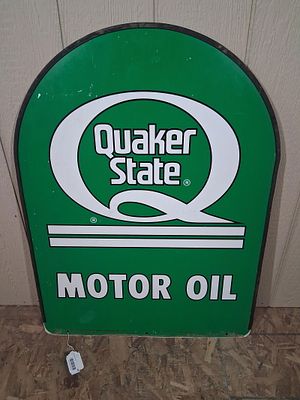 Quaker State Tombstone Double Sided Sign. Tin sign with rubber garden along edge. 32x27