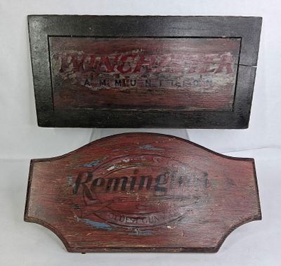 SS Wood Winchester and Remington Decal Signs. Great early hand crafted signs