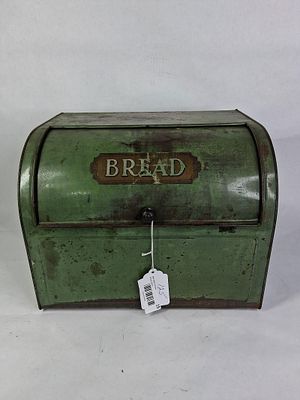 Mid Century Green Tin Slide Top Counter Bread Box. Showing areas of paint and finish loss due to 