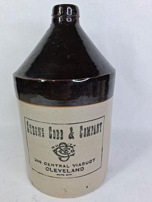 Strong Cobb & Co Cleveland Oh Advertising Jug. 206 Central Viaduct, 12 inches tall. A few chips 