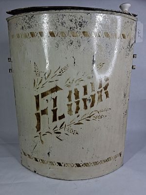 Large Painted Early Tin Hinge Lidded Flour Bin. triangle corner shaped as if it was hinged from 