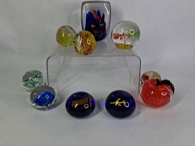 Art Glass Paper Weight Lot of Various Designs, Colors and Shapes. Great lot of art glass 
