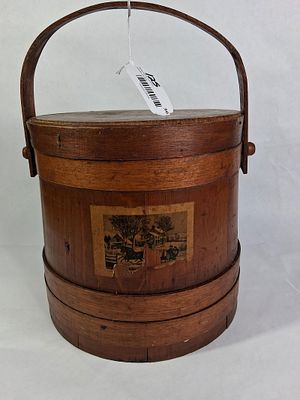 19th C. Dutch Wooden Handled and Lidded Firkin/Sugar Bucket. early decal is coming off as shown 