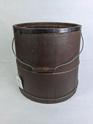 Primitive Slat and Banded Wooden Bucket w/ Bale Handle. Great primitive condition with repair to 