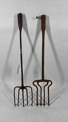 Early 19th C. Hand Forged Iron Gigs / Tridents. Lot of 2 with one being 4 tine and the other 