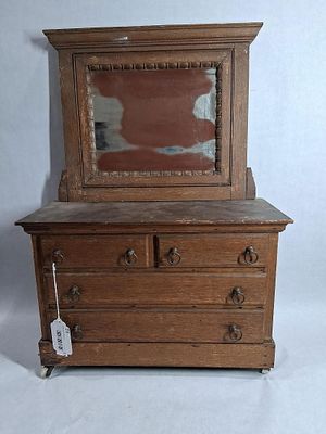 Early Childs / Salesman Sample 4 Drawer Mirrored Dressing Table Chest w/ Porcelain Enamel Casters. 