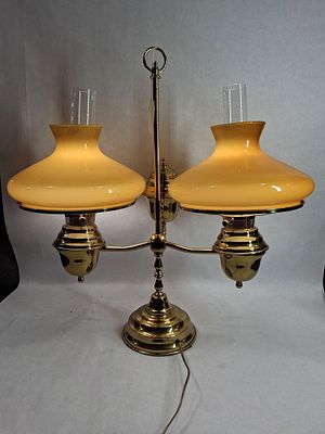 Antique Brass Double Arm Student Desk Lamp w/ Butterscotch Vianne Glass Shades. includes 