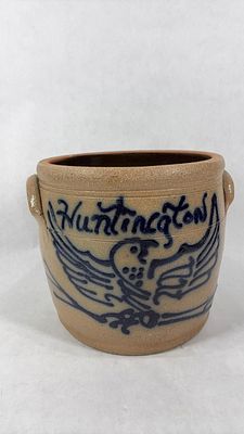 Utica/Rowe Pottery Salt Glazed Cobalt Blue Decorated Handled Huntington Stoneware Crock. Great 
