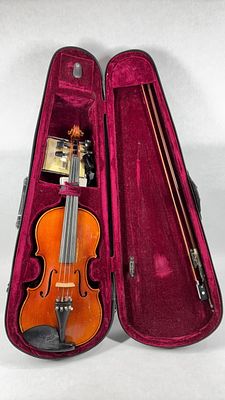 Student Trade Model Violin Bow and Case. overall good condition with accessories showing wear 