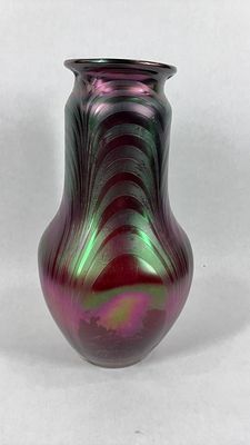 Kralik attributed Bohemian Art Glass Vase. Hand blown, featuring pulled loops and pinched sides. 