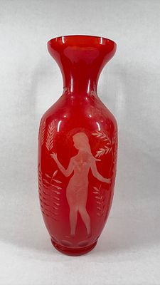Art Nouveau Mary Gregory Style Etched Art Glass Vase. Oversized with nude figure to several 