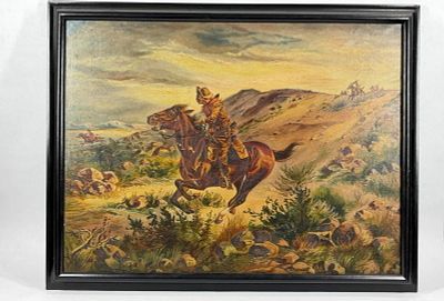 Western Cowboy & Indian Oil on Canvas Painting. A dynamic Western scene with a cowboy riding a 