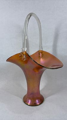 Iridescent Art Glass Basket. Art Nouveau style, with a clear glass handle. Copied from the 