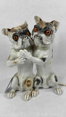 19th Century Ernst Bohne & Sons Lighted French Bulldog Lamp. Illuminating glass eyes, with maker 
