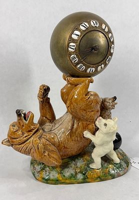 Playful Bears Desk Clock. Ceramic mother and cubs, with brass ball style key wind clock. A neat 