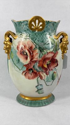 Mythical Hand Painted Pillow Vase. Detail poppy painted flowers with gold toned Mythical figure 