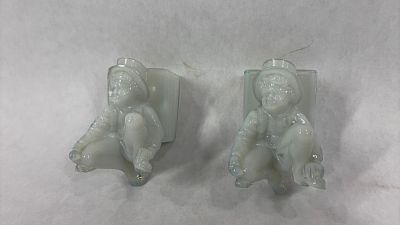 Boyd Freddie the Hobo Clown Match Holders. Lot of two, opal colored art glass. Both are in good 