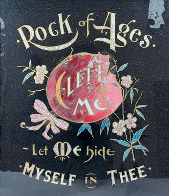 Reverse Painted Glass Rock of Ages Frame. Very ornate carved frame with a hand painted and 