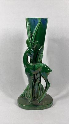 Royal Haeger Leaping Gazelle Vase. Mid Century design with a deep green glaze R707 15 inches 