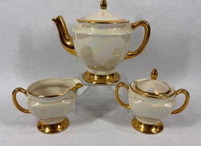 Iridescent Pearl Lusterware Teapot, Creamer, and Sugar Dish. CG USA with 22K gold accents. Each 