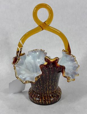Ruffled Edge Art Glass Basket. Rich caramel and white with gold flaking throughout. Pontail to 