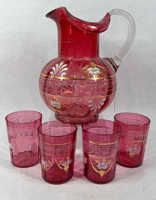 Hand Blown 1890s Cranberry Glass Water Pitcher & Glasses. A lovely hand painted design with 