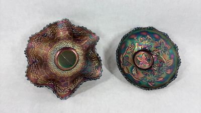 Fenton Orange Tree & Grape & Cable Glass Candy Dishes. Both with and iridescent finish, rainbow 