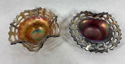 Fenton Carnival Glass Basket Weave Bonbon Candy Dishes. Pair of two great iridescent bowls. Both 