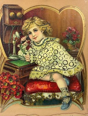Victorian Wall Phone Lithograph Die Cut Image. A wonderful embossed 3D piece, Some spotting 