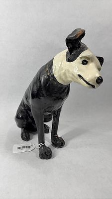 Paper Mache Nipper Dog. Hand painted with several small chips from paint. Face is a little empty 