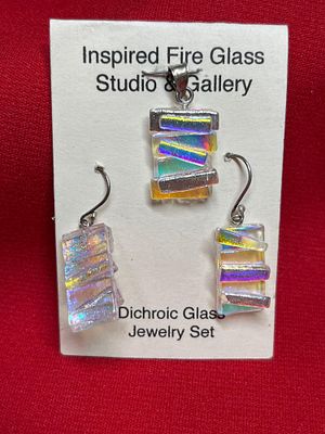 Sterling Dichroic Glass Earrings & Pendant Set. Inspired Fire glass studios artisan made with 