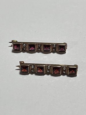 10K Gold Seed Pearl & Garnet Lingerie Pins. 4.4 grams. Each pin includes stones and set seed 