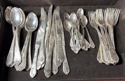 Italian Silver Antique Cutlery. Each piece is marked .800 Italy. 48 forks, knives, and spoons. 