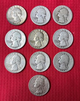 10 Pre 1964 Washington Quarters. 1934-1964, 90% silver coins
