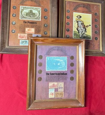 Framed Wild West Coinage and Stamp Displays. Includes three nice displays featuring The American 