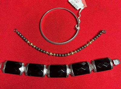 Sterling Silver Onyx, Beaded, and Bangle Bracelets. 3 wonderful pieces. .925 marked on 2. Other 