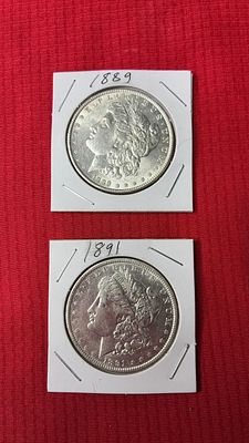 1889 and 1891 Morgan Silver Dollars. 2 coins