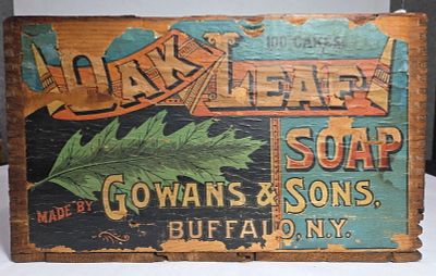 Gowans & Sons Oak Leaf Soap Cake Dovetail Wood Shipping Crate w/ Paper Label. Great label with 