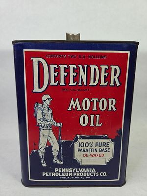 Pennsylvania Petroleum Products Defender Motor Oil 2 Gal. Can. Includes original cap showing 
