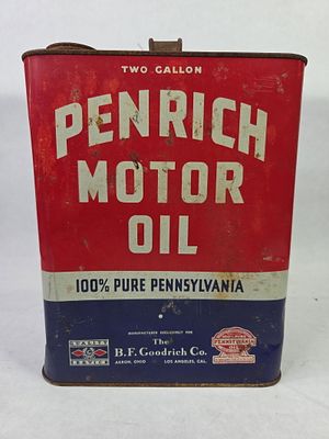 B.F. Goodrich Co. Penrich Motor Oil 2 Gal Can. Great color and graphics missing cap with handle 