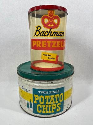 Twin Pines Potato Chip Lidded Tin and Bachman Lidded Pretzel Container. This great vintage Chip 