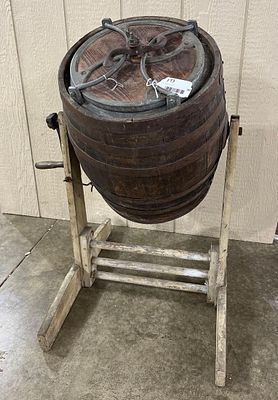 1800's Dobson Barrel Tumbling Churn on Stand. Marked to bottom standing 32 in H