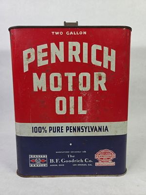 B.F. Goodrich Co. Penrich Motor Oil 2 Gal Can. Great color and graphics missing cap with handle 